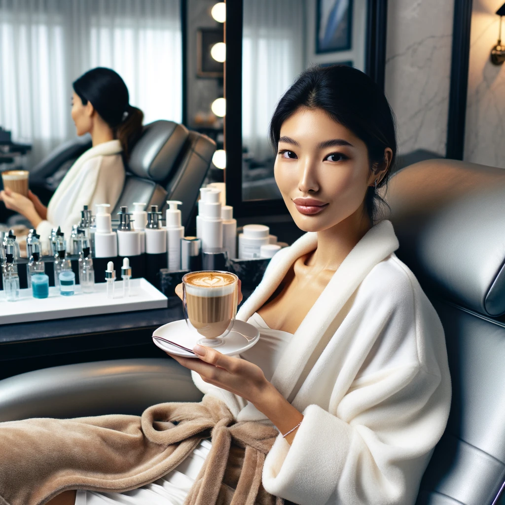 A stylish, modern beauty salon scene with a person of East Asian descent sitting in a salon chair, looking relaxed and content after receiving a botox