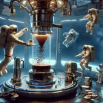 A futuristic space station scene, illustrating the concept of zero gravity coffee brewing. Astronauts of diverse descents