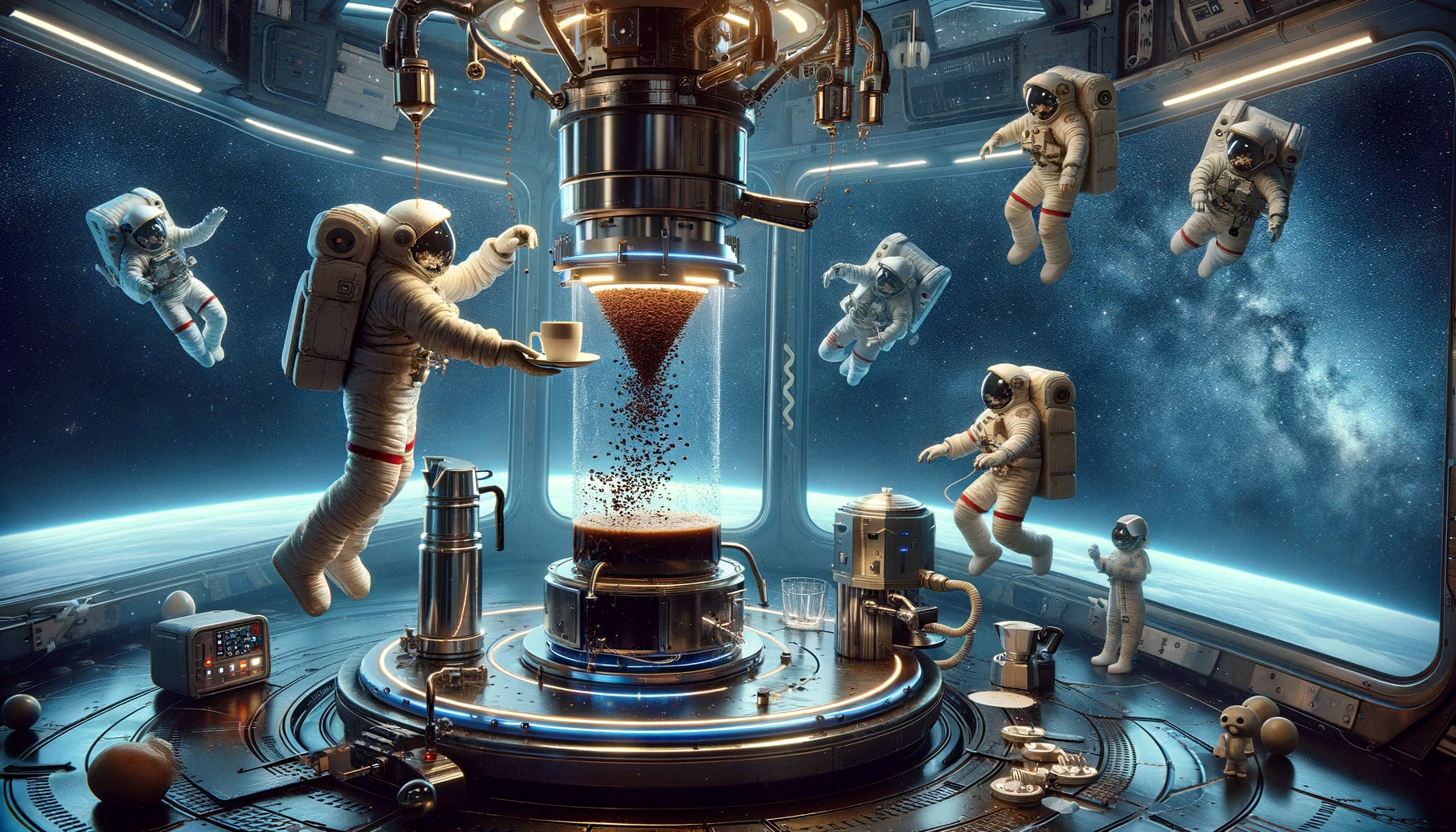 A futuristic space station scene, illustrating the concept of zero gravity coffee brewing. Astronauts of diverse descents