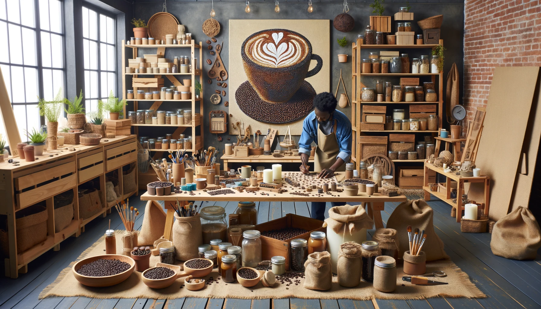 A spacious home workshop scene, showcasing a variety of DIY coffee crafts