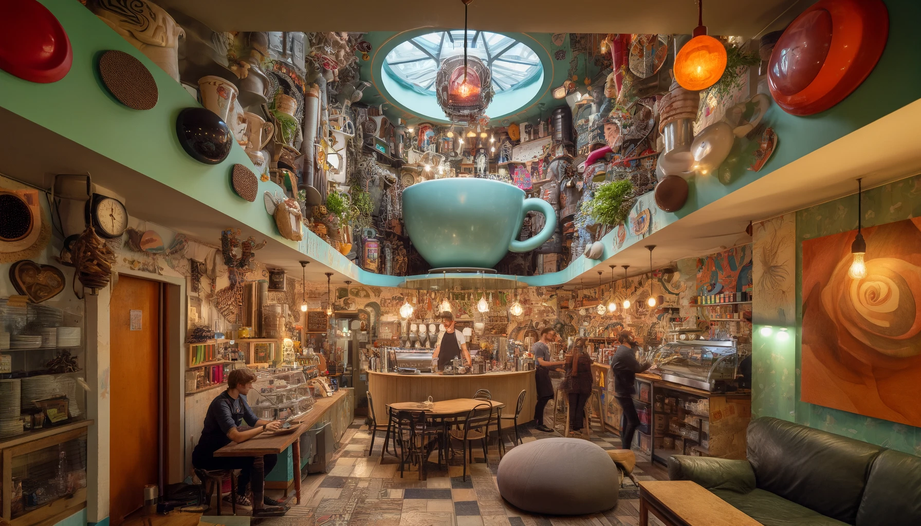 View of a quirky coffee shop named 'The Frothy Mug'. The interior is eclectic and whimsical, with mismatched furniture