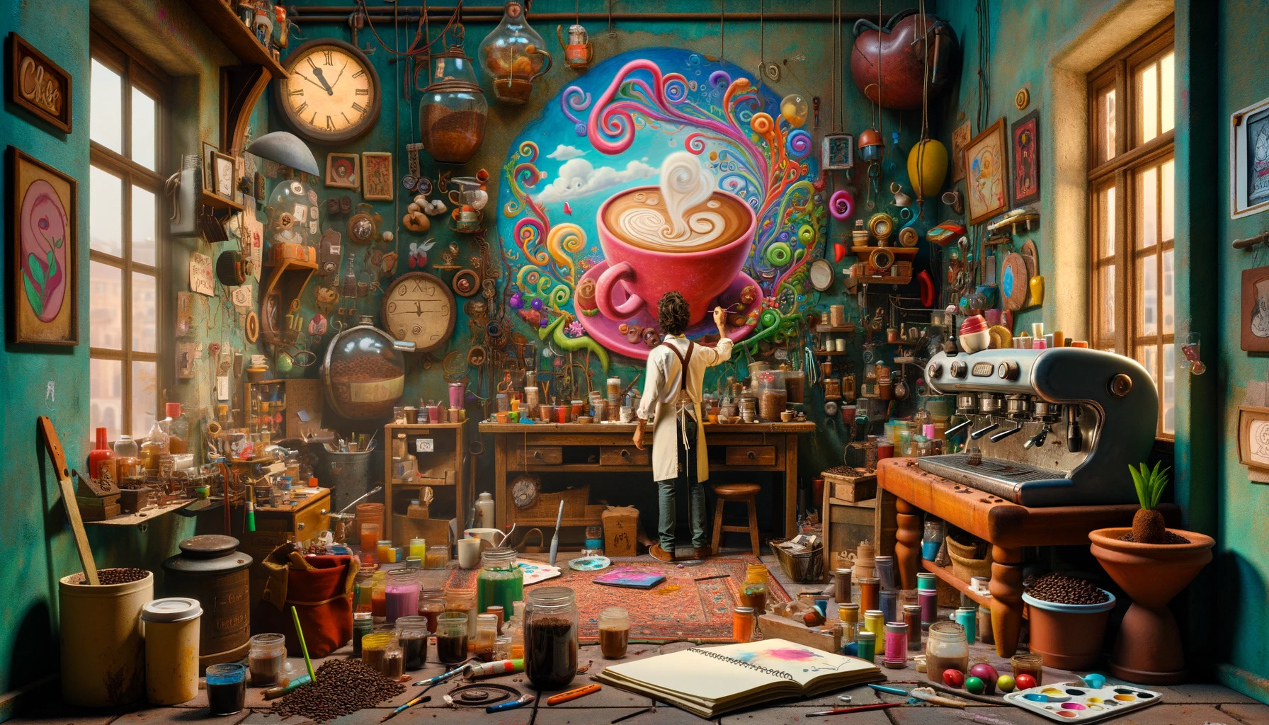 the quirky secret life of a coffee artist barista in a whimsical, hidden workshop
