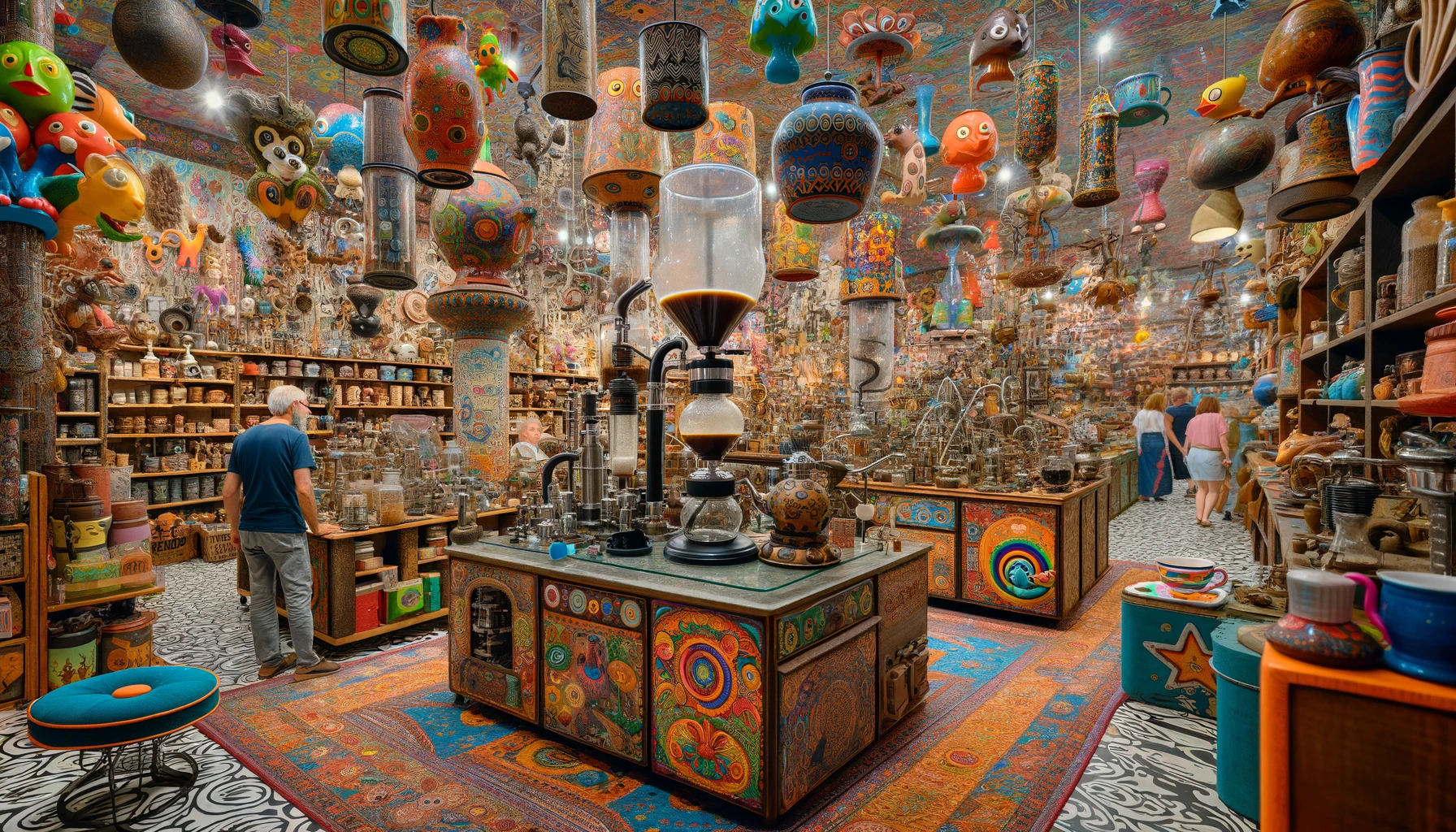 the quirky 'Wild World of Coffee Accessories' store. The store is an imaginative and colorful bazaar